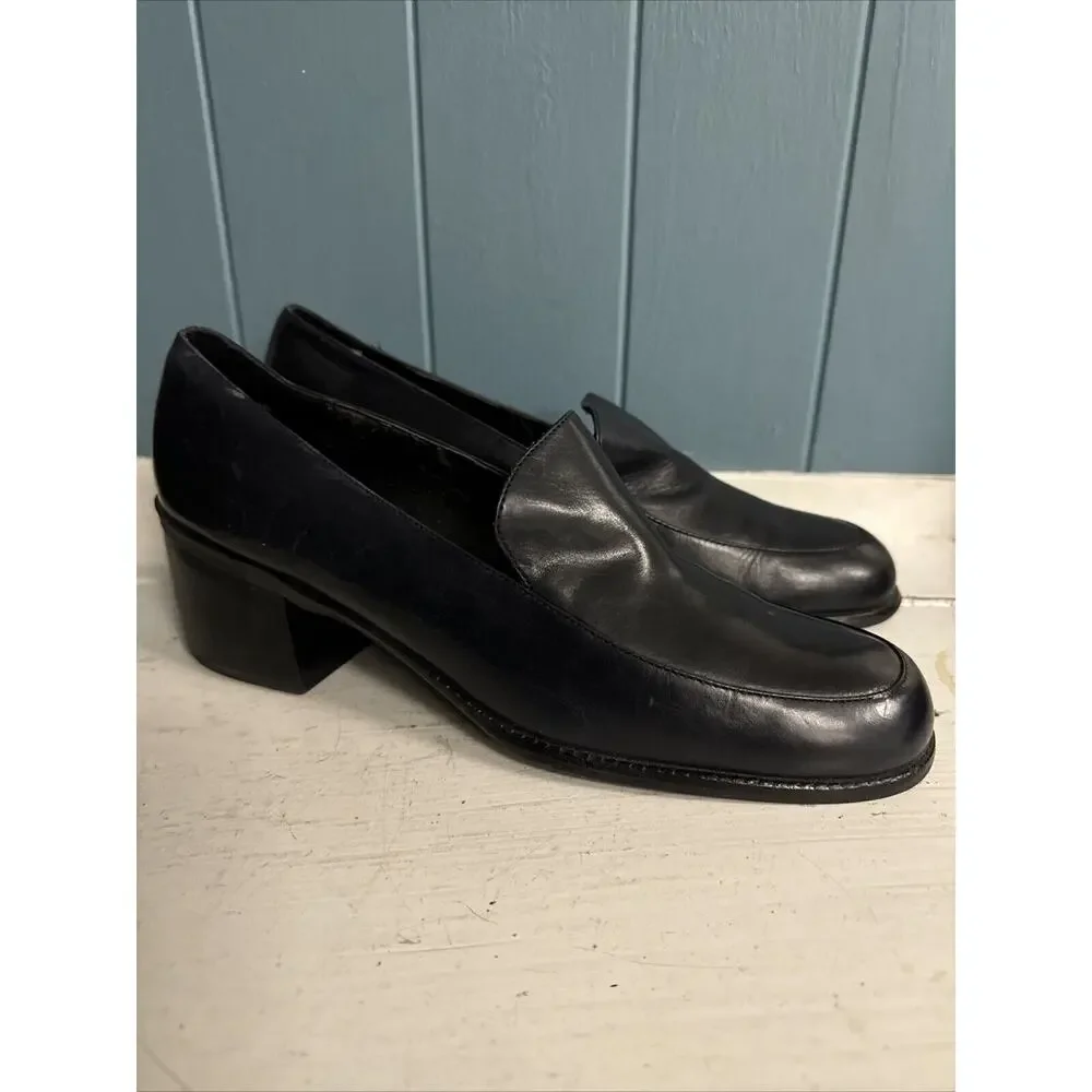 Vtg Y2K Liz‎ Claiborne Women’s 8.5N Narrow Loafers Navy Blue Leather Chunky Heel